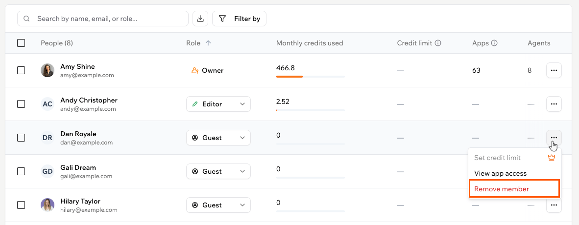 Removing a member from the More Actions menu