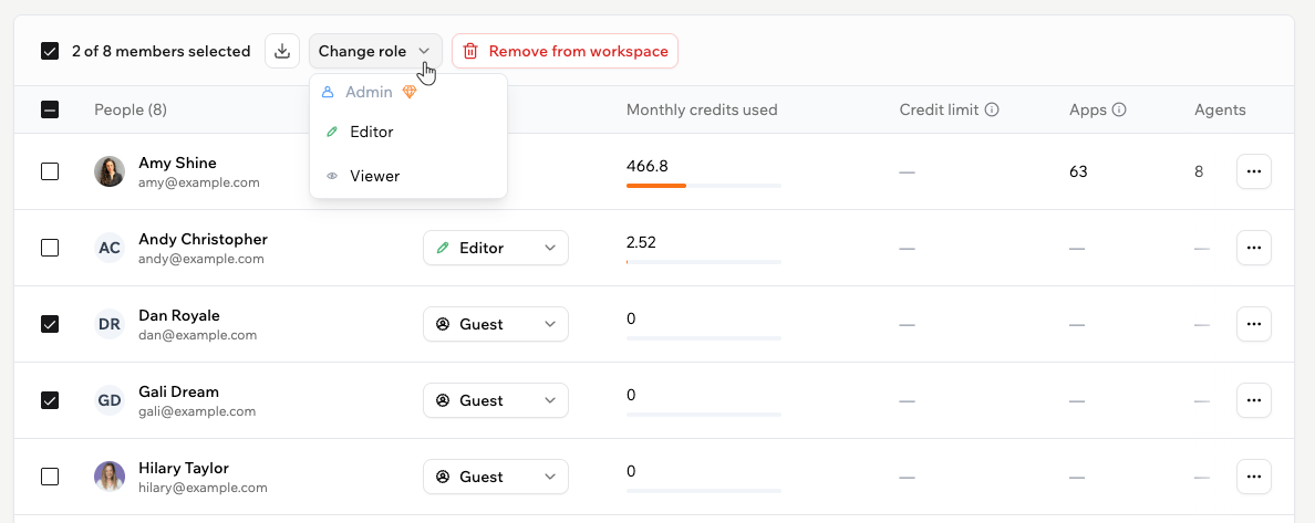 The bulk actions toolbar with multiple members selected