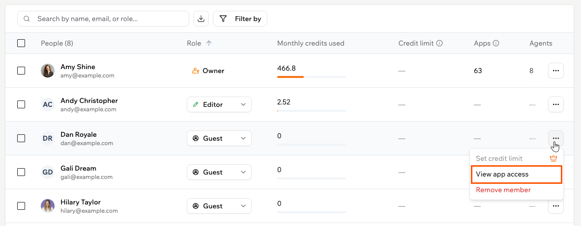 Viewing a guest's app access from the More Actions menu