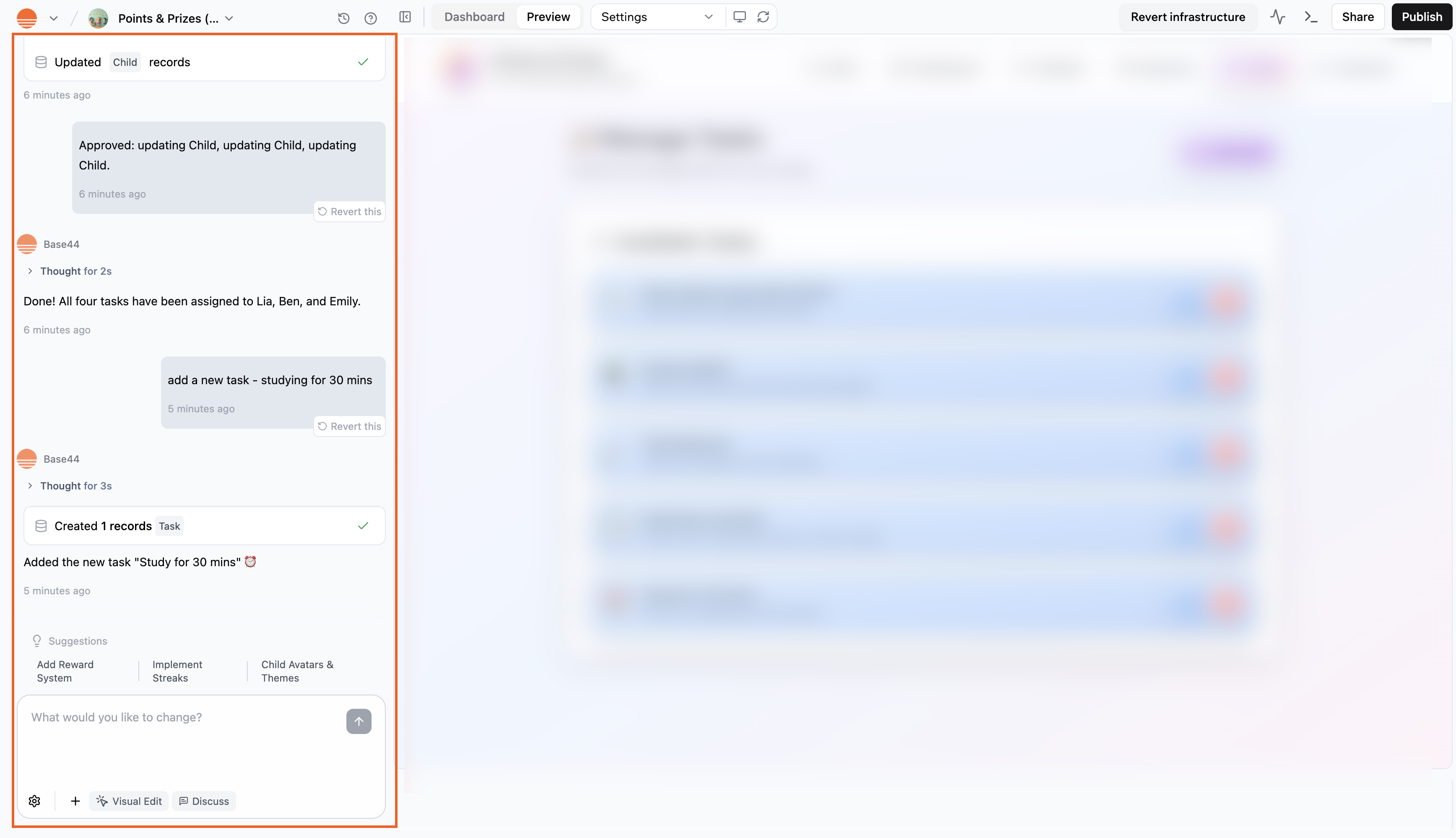 The AI chat inside the Base44 app editor.