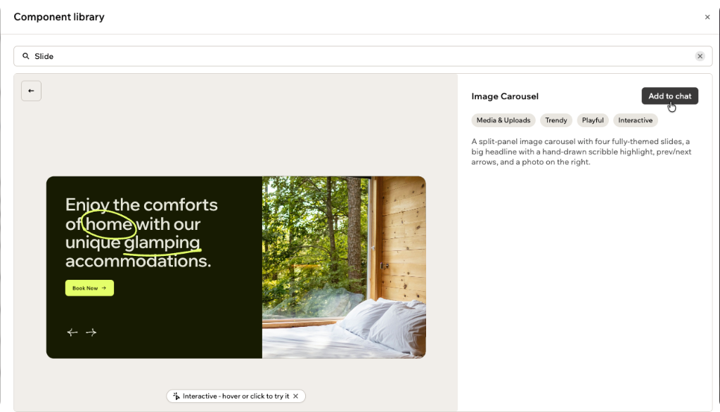 A component preview in the component library with the Add to chat button highlighted