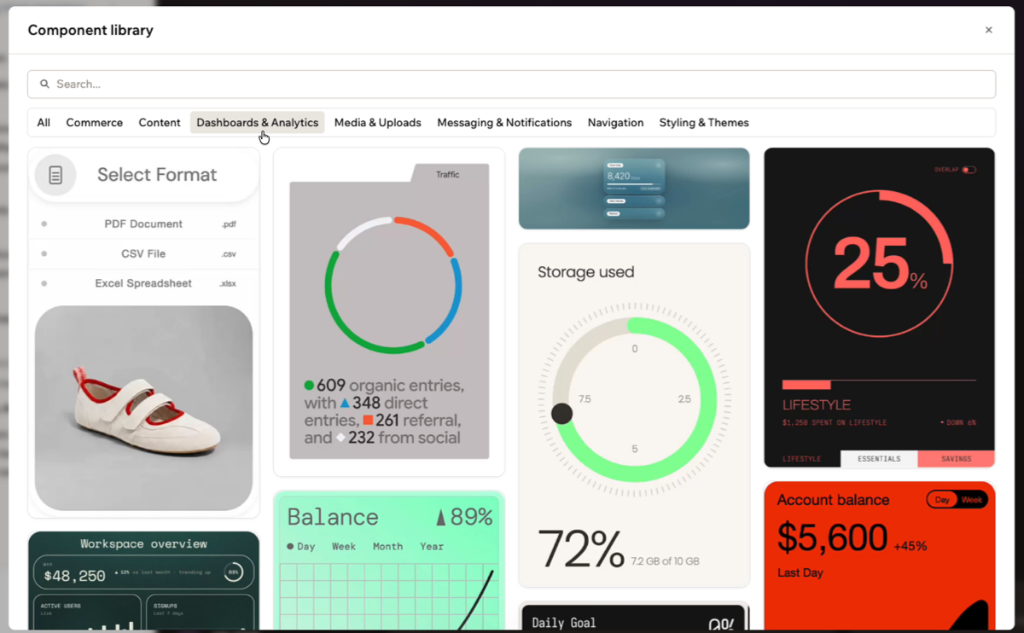 The component library window with a search bar, category tabs, and a grid of components
