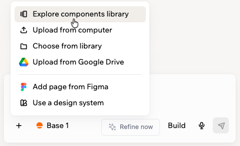 The AI chat plus menu with Explore component library highlighted