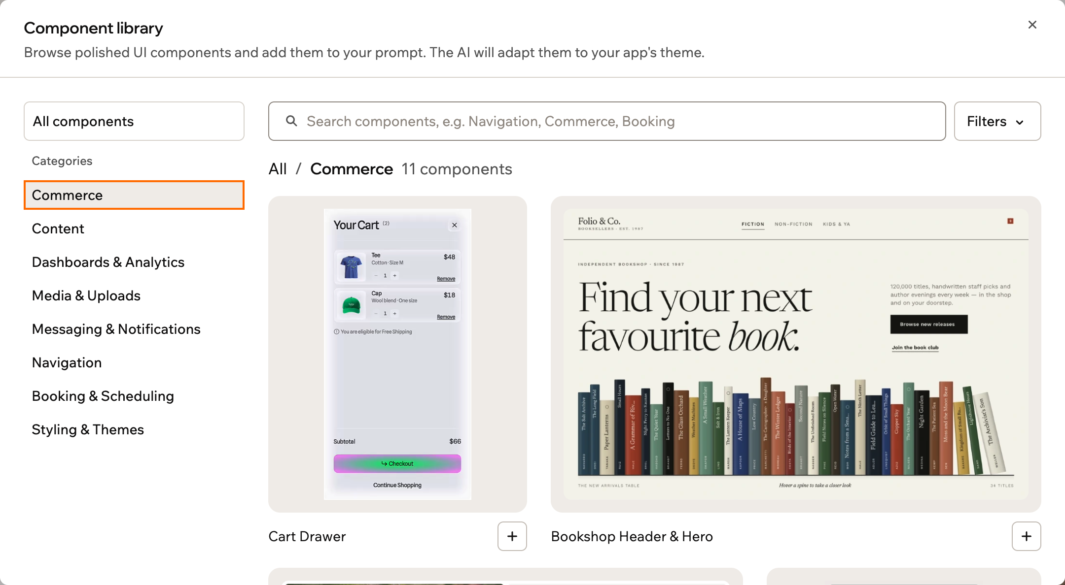 A screenshot of the component library with the Commerce category outlined and its components shown with Filters