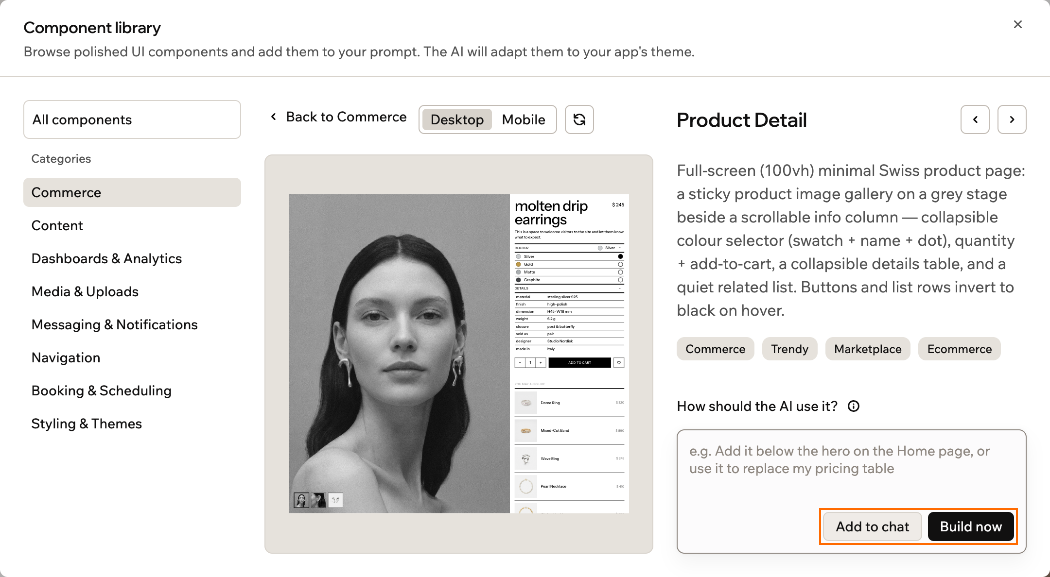 A screenshot of a component's details with its live preview, description, and Add to chat and Build now outlined