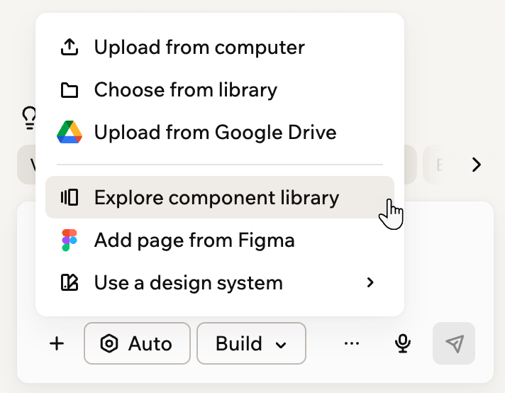 A screenshot of the AI chat plus menu with the cursor on Explore component library
