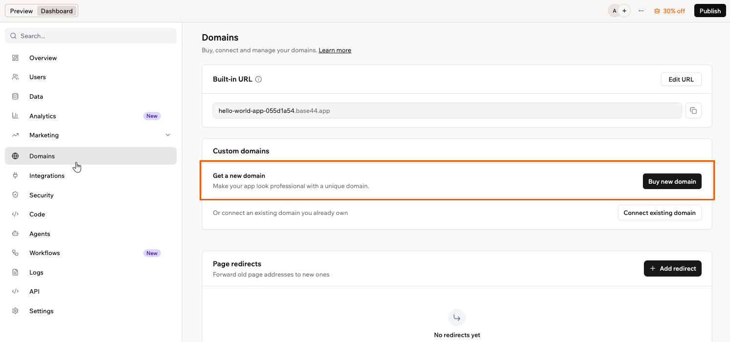 Buying a new domain from your app's Domains dashboard