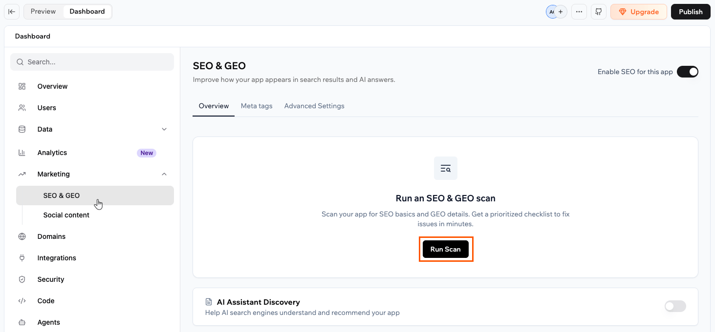 Running an SEO and GEO scan on your app