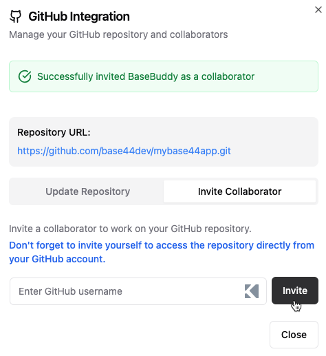 Inviting a collaborator to your GitHub repository.