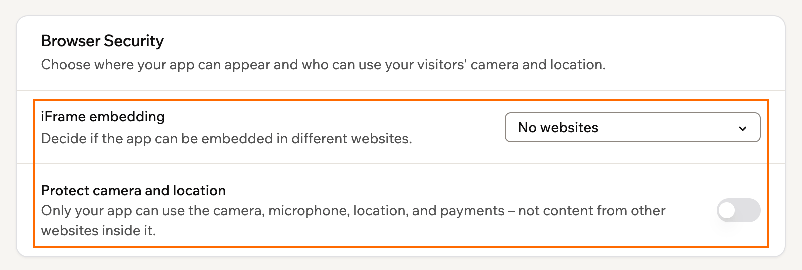 The Browser Security card with the iFrame embedding dropdown and the Protect camera and location toggle outlined