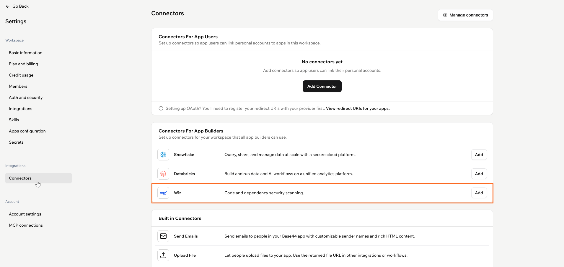 The Wiz connector listed under Connectors For App Builders with an Add button