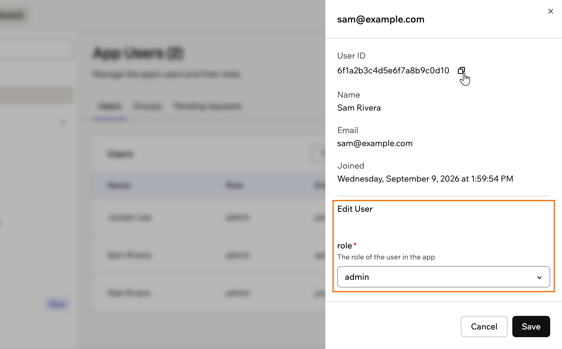 A screenshot of an app user's details panel with the user ID copy icon and the Edit User role field outlined