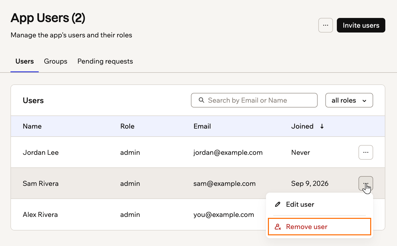 A screenshot of an app user's More actions menu open on the App Users page with Remove user outlined