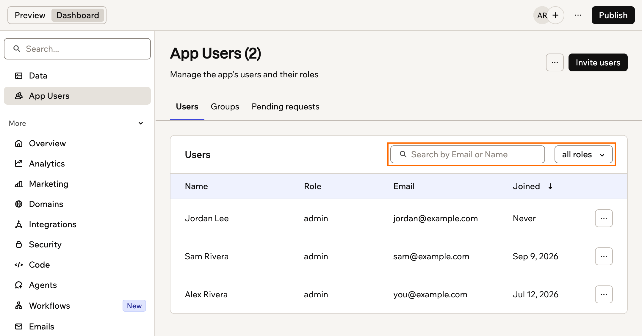 A screenshot of the App Users page with the Search by Email or Name box and the role filter outlined