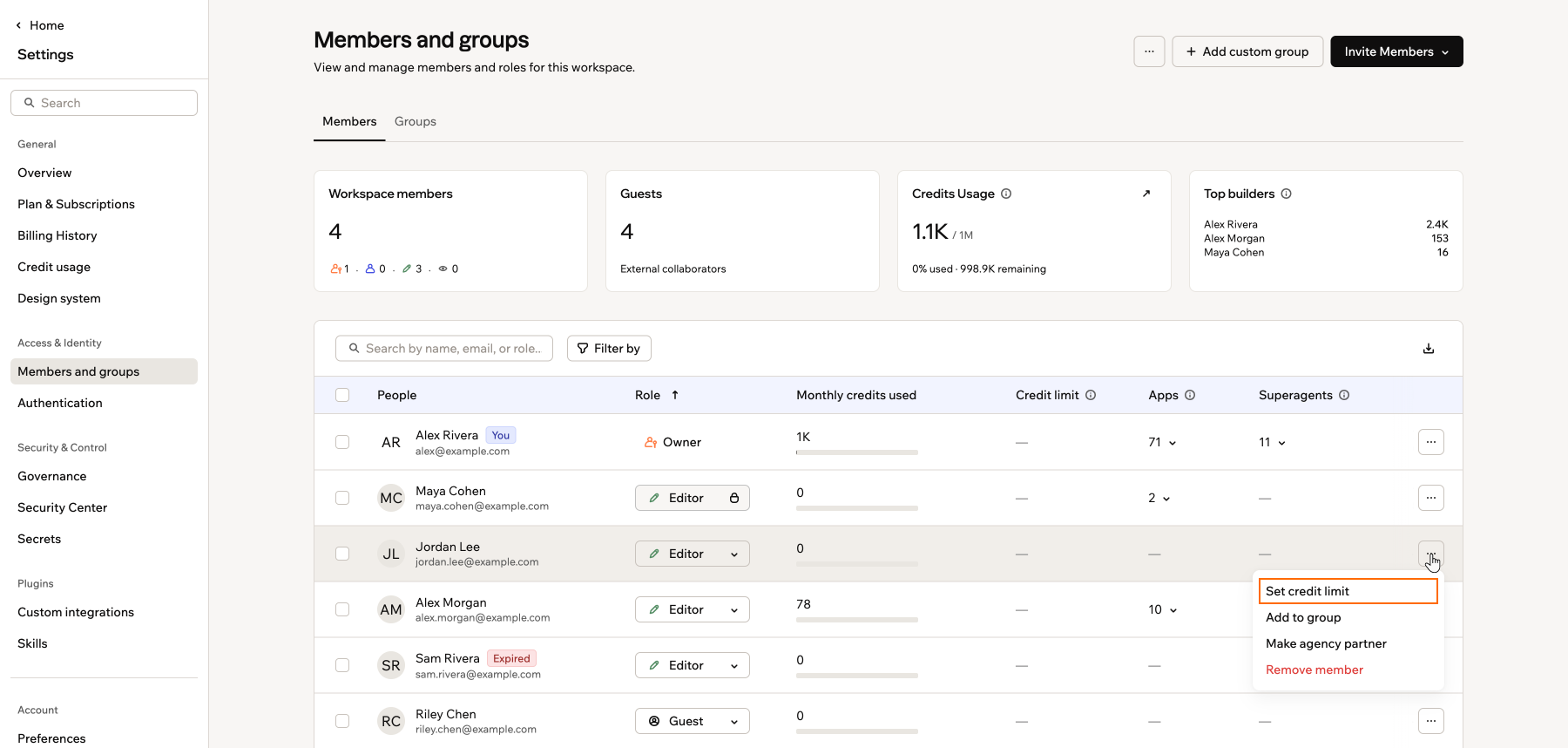 Uno screenshot del menu More actions per un membro con Set credit limit evidenziato