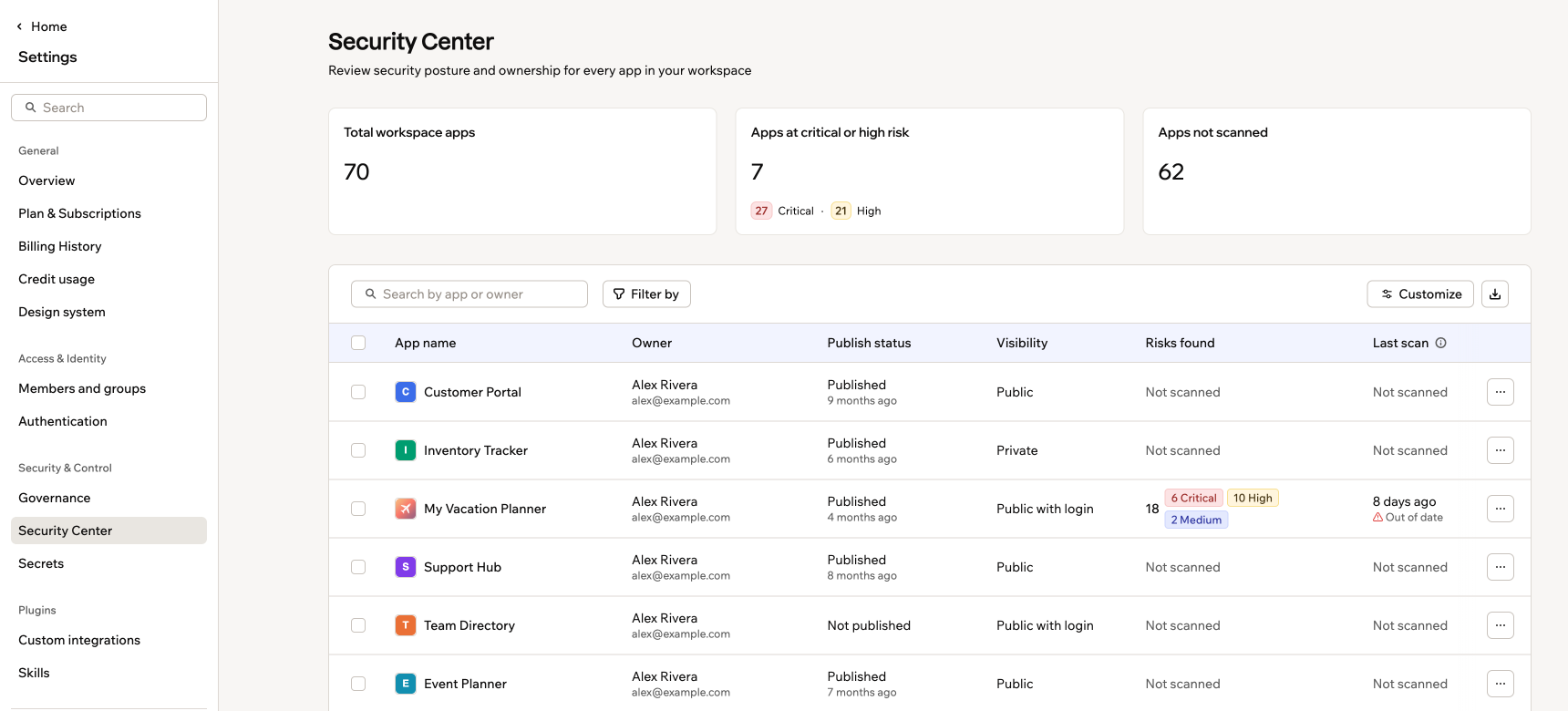 A screenshot of the Security Center dashboard with summary tiles and the workspace app inventory