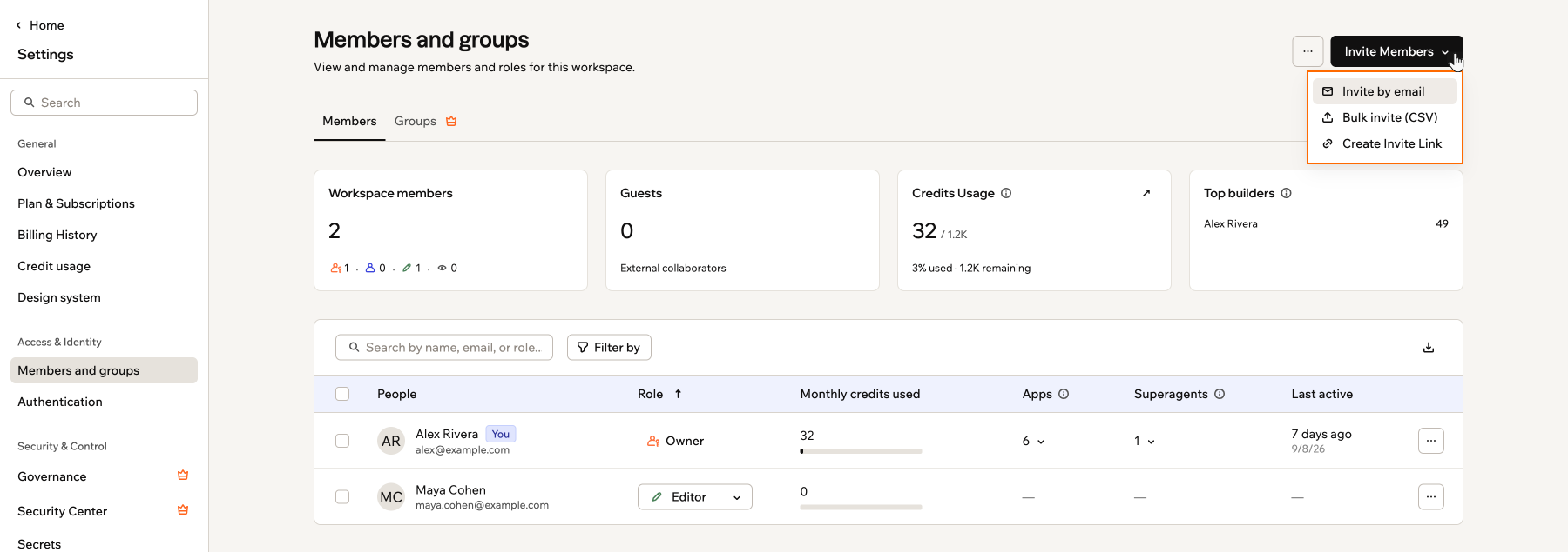 Uno screenshot del menu Invite Members in Members and groups, con le 3 opzioni di invito evidenziate