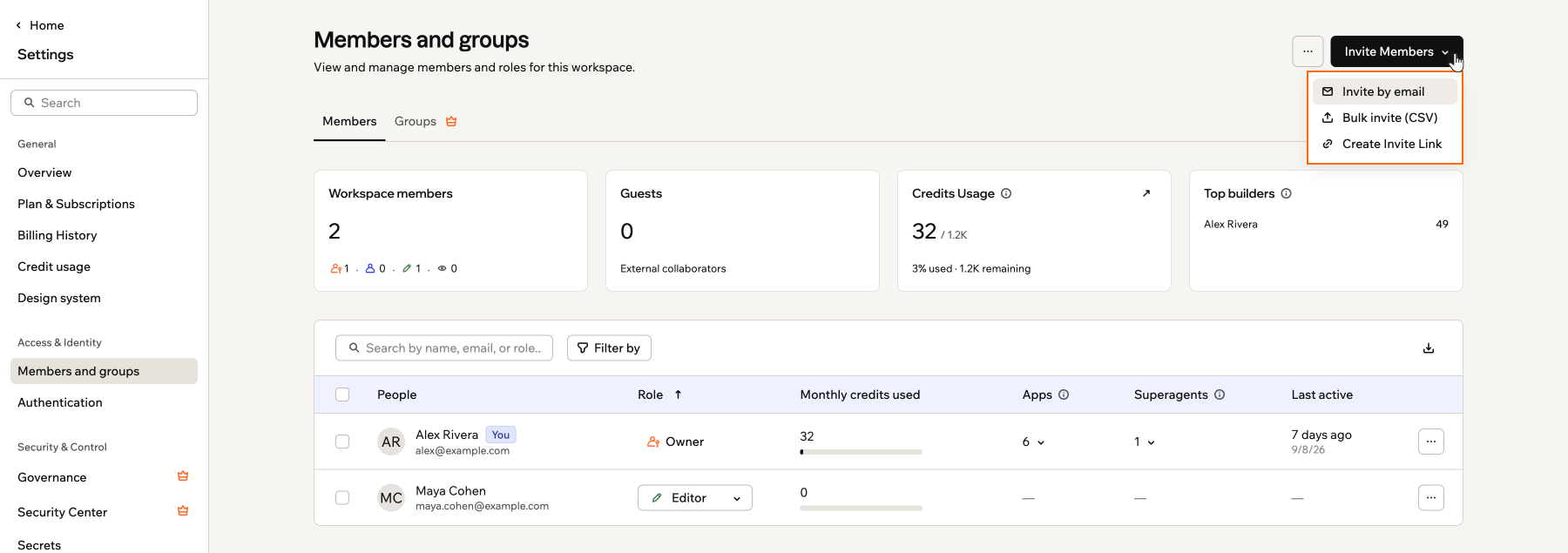 Members and groups の Invite Members メニューで 3 つの招待オプションが強調表示されているスクリーンショット