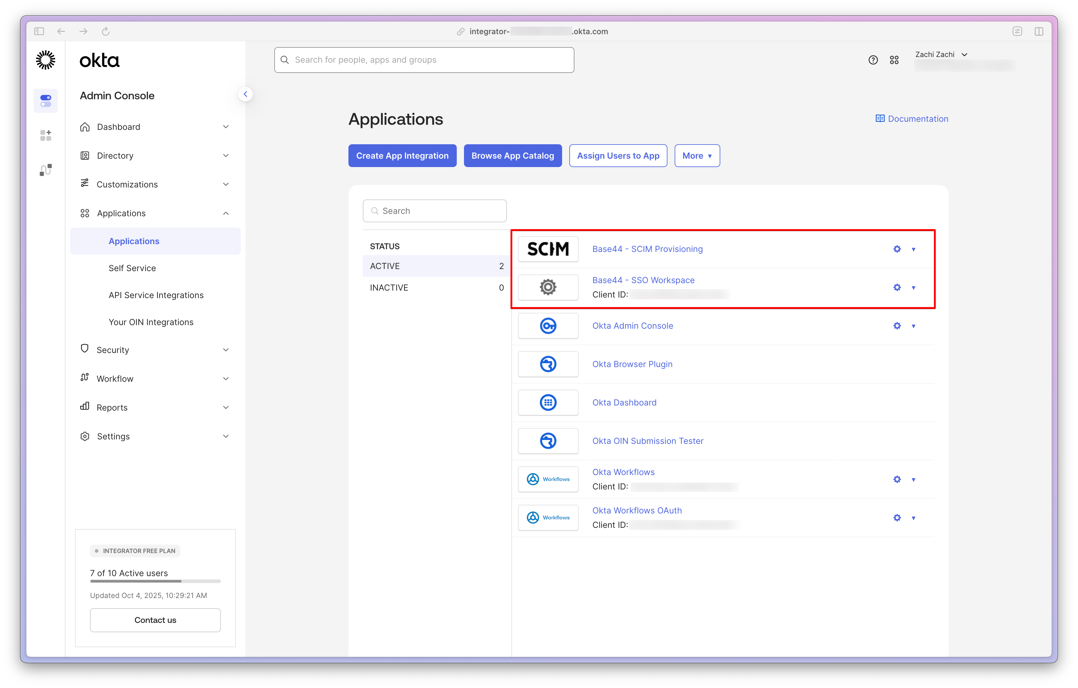 Okta App Catalog showing SCIM 2.0 Test App