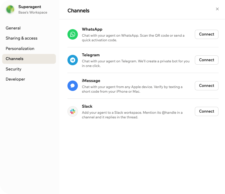 Channels settings showing messaging channel connection options for a Superagent