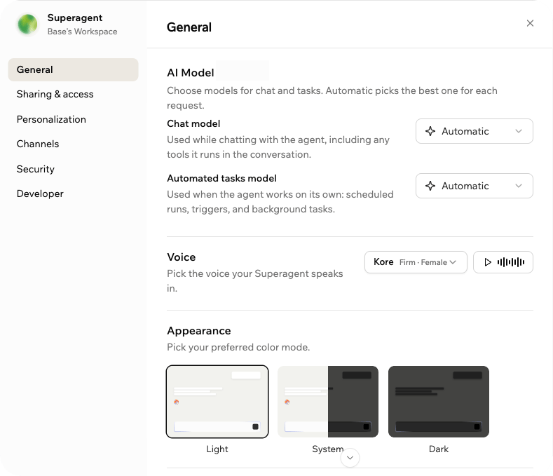 Customize panel showing General settings for AI models, voice, and appearance