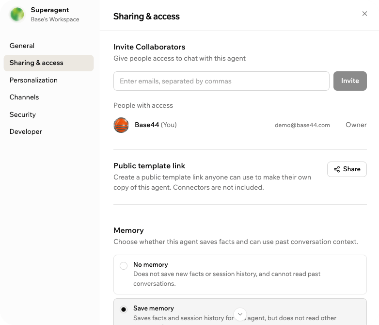 Sharing and access settings showing collaborator invites, public template link, and memory options