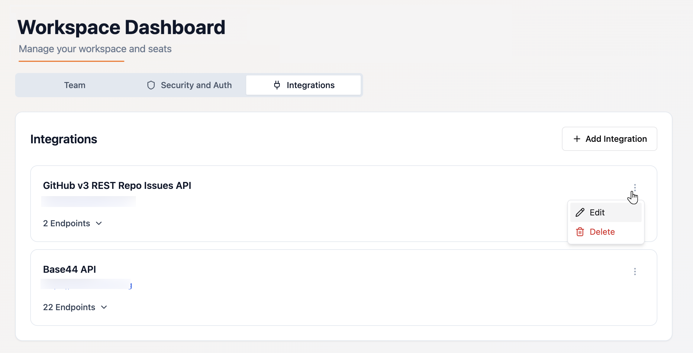 Editing a workspace integration