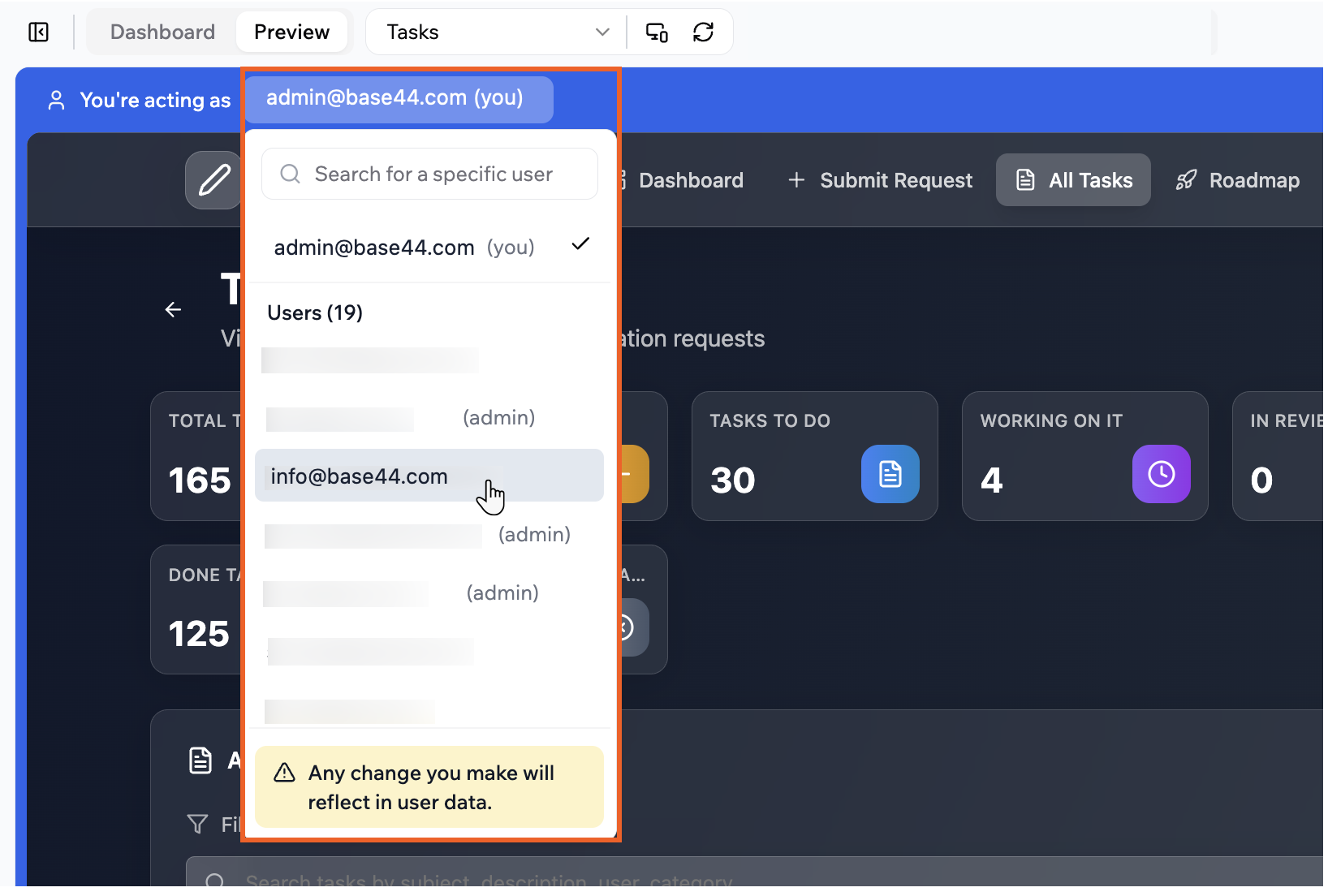 Using the "Act as a user" feature in Base44