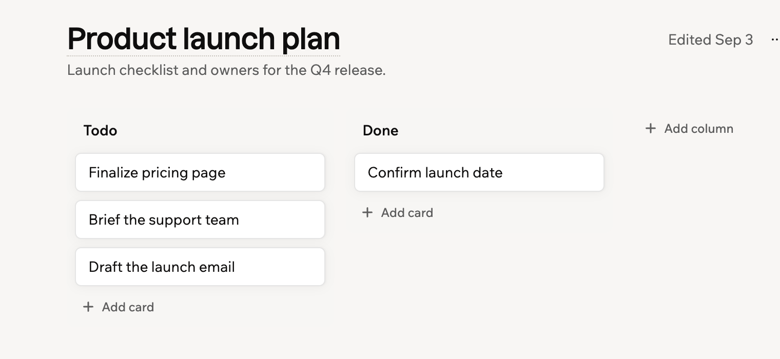 Una captura de pantalla de una nota con un tablero kanban con columnas Todo y Done y tarjetas