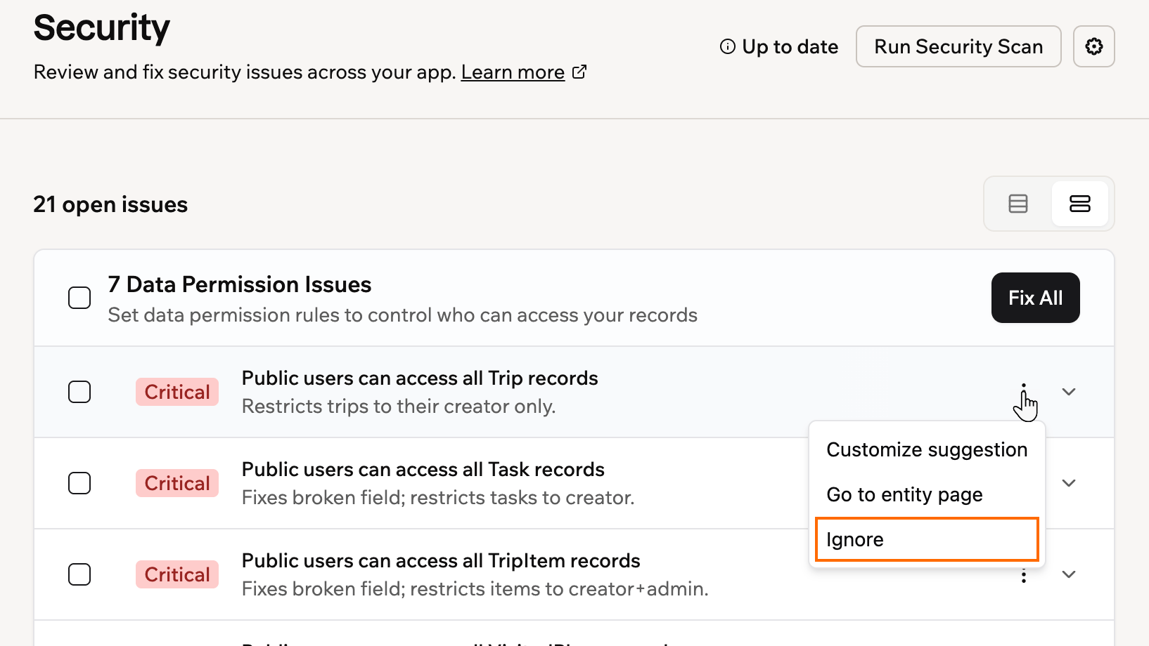 Ignoring a security scan issue from the More Actions menu