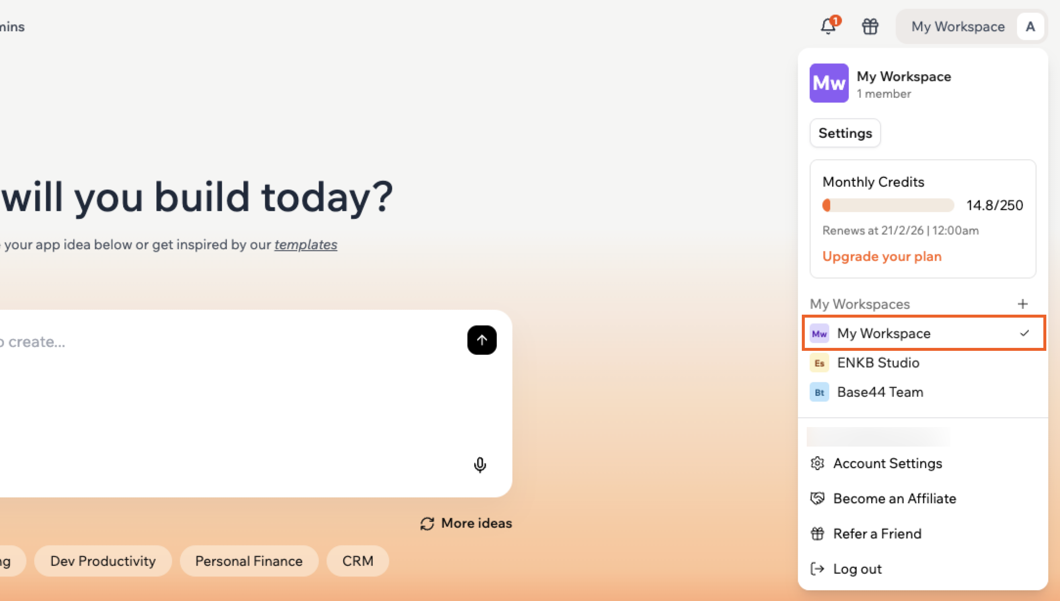 Accessing your personal workspace in your Base44 account