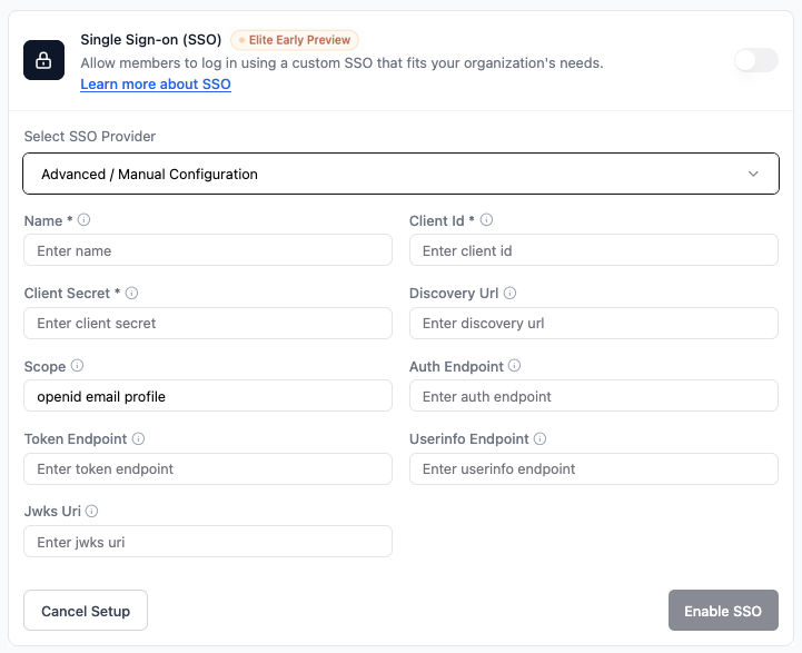 Base44 Single sign-on settings panel configured with Advanced / Manual SSO