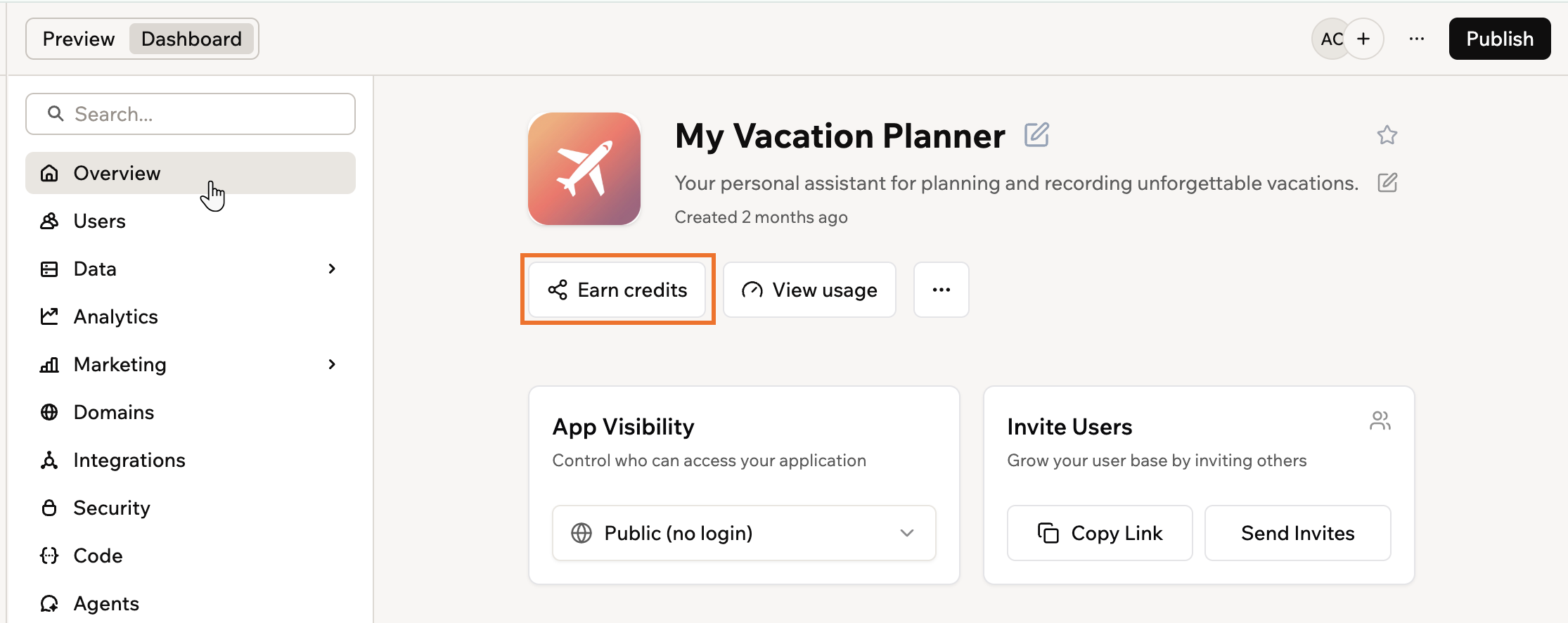 The Earn credits button on the app Overview page