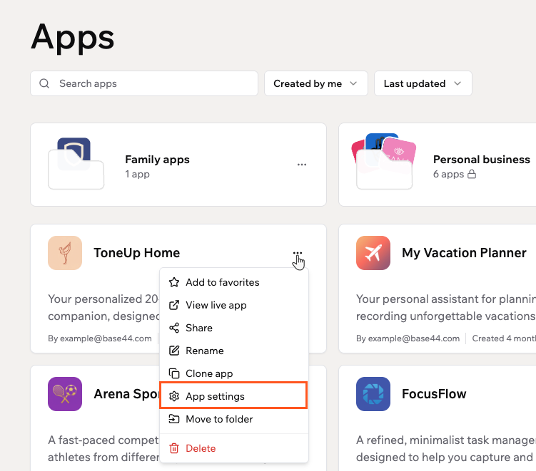 Accessing your app settings directly from the Apps page