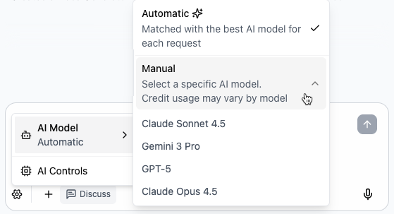 AI model selection in Base44 showing Automatic and Manual options.