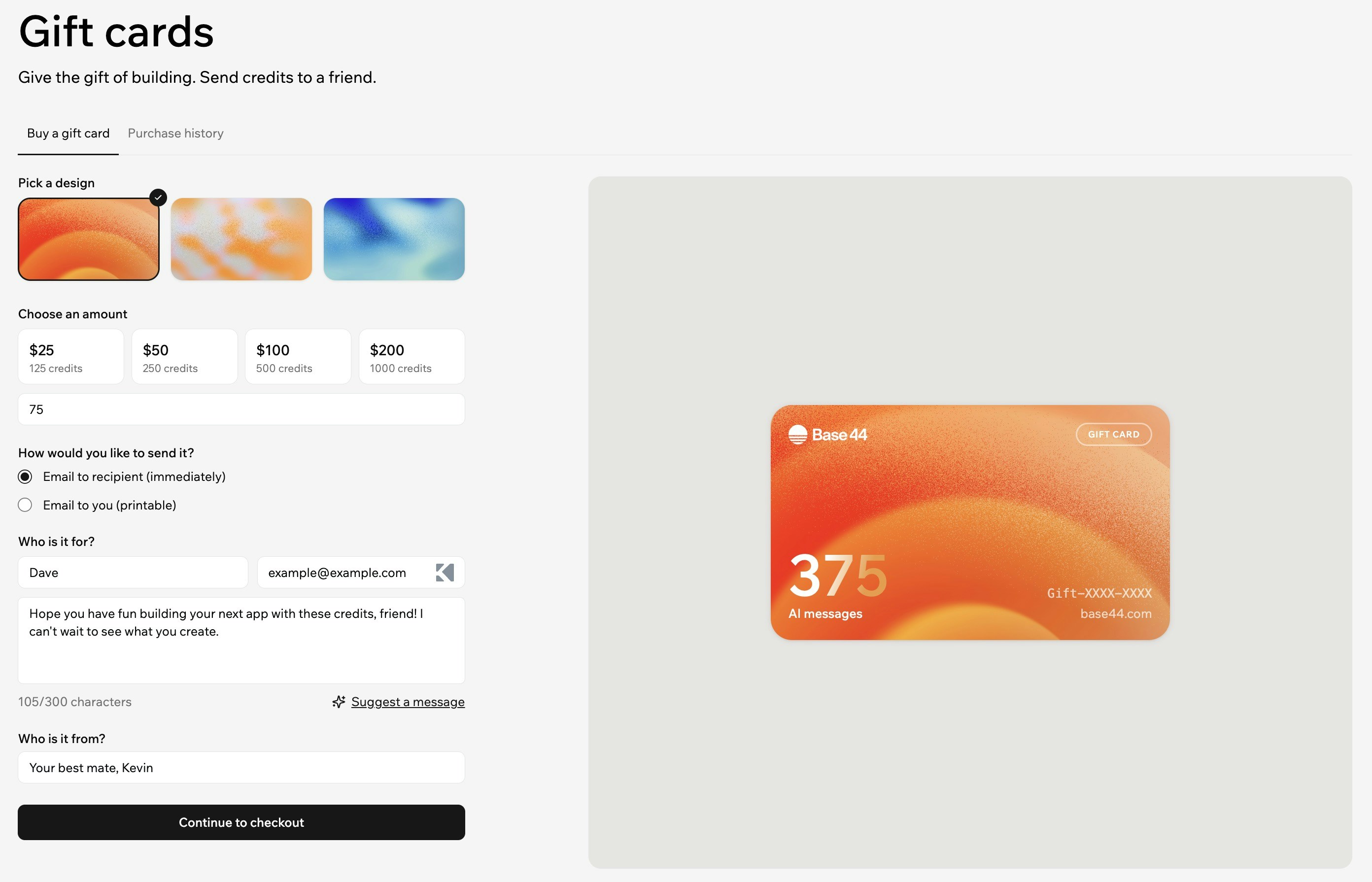 Purchasing a gift card for Base44