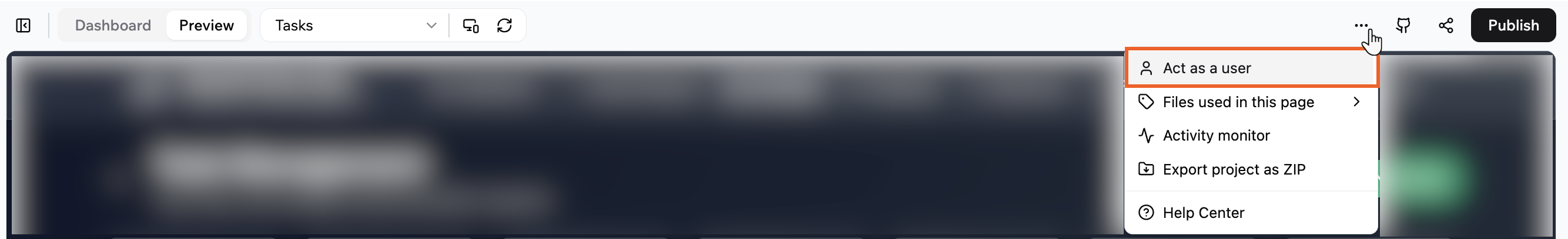 Selecting "Act as a user" in the Base44 app editor.
