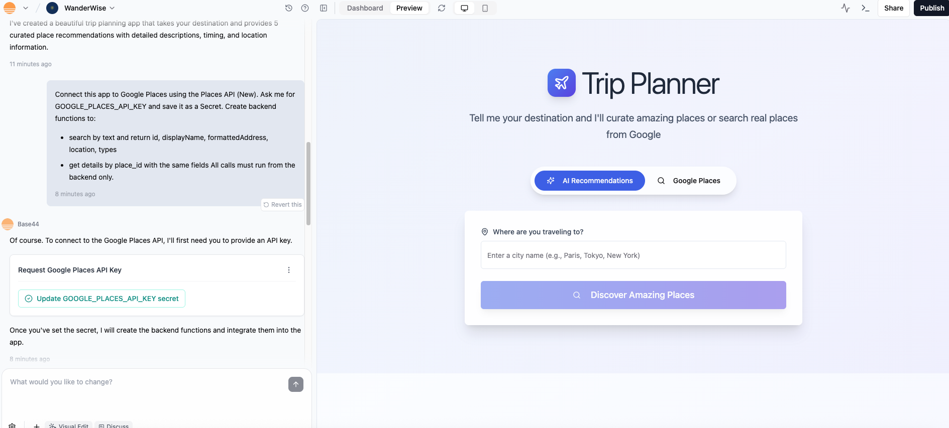 Google Places Integration - Base44 Support Documentation