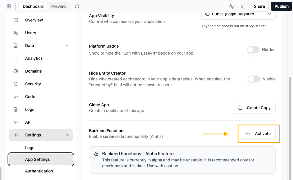 Activate Backend Functions Pn