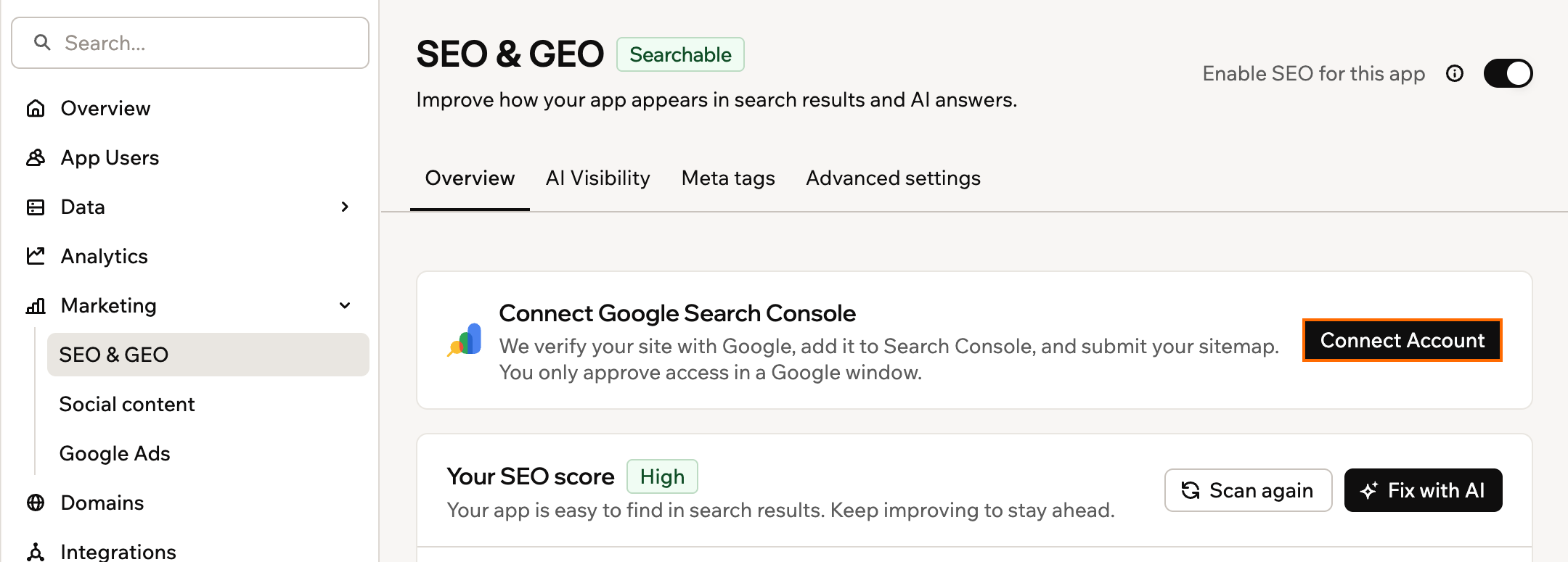 A screenshot of the Connect Google Search Console card on the SEO & GEO Overview tab with Connect Account outlined