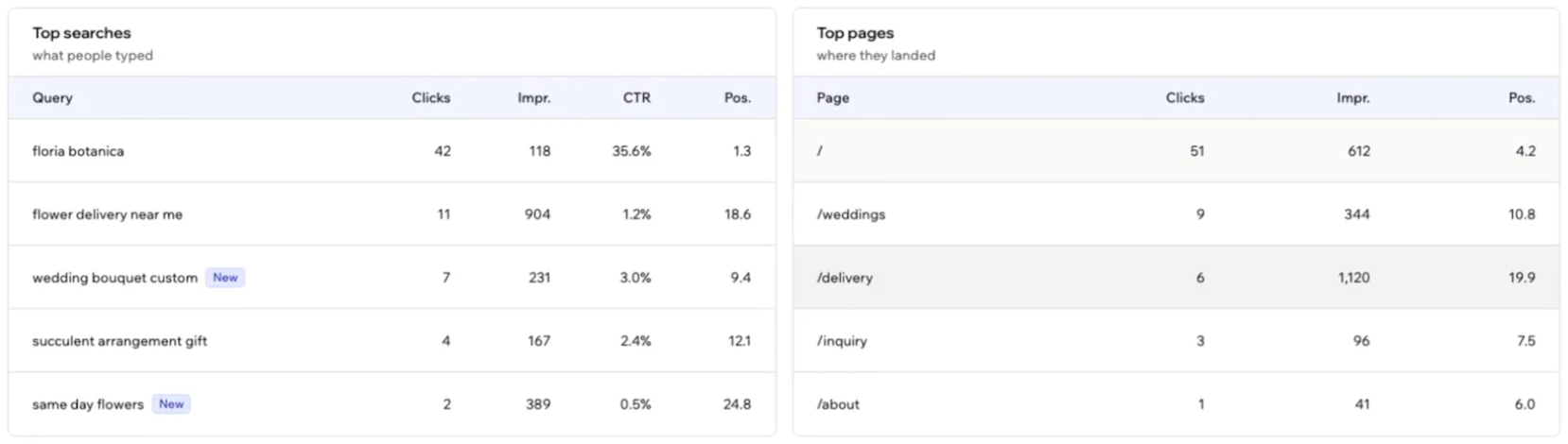 A screenshot of the Top searches and Top pages tables on the Google Search Console card, with clicks, impressions, CTR, and position for each row