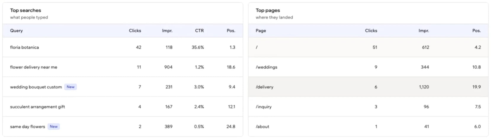 A screenshot of the Top searches and Top pages tables on the Google Search Console card, with clicks, impressions, CTR, and position for each row