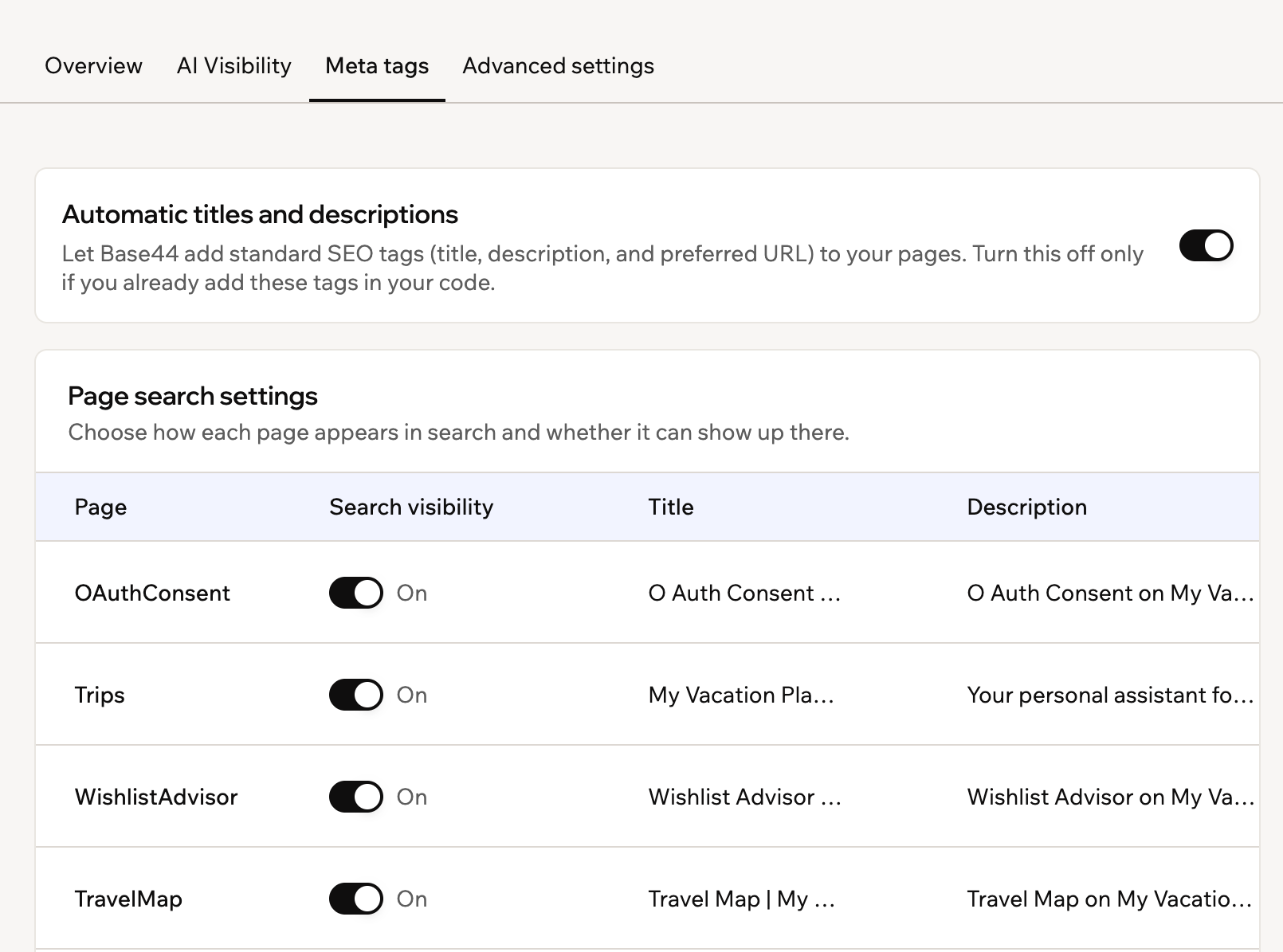 Uno screenshot della scheda Meta tags di SEO e GEO, con Page search settings e un toggle Search visibility per ogni pagina