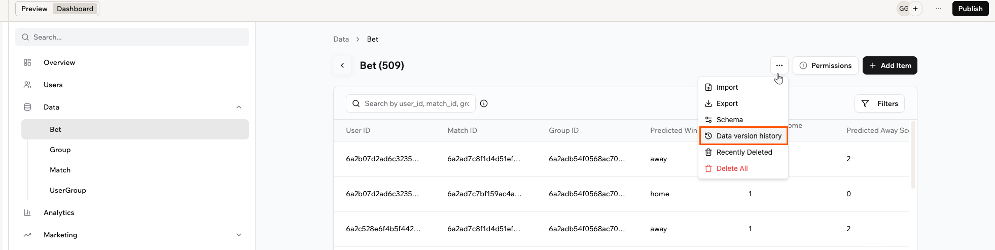 Opening data version history for an entity from the Data tab