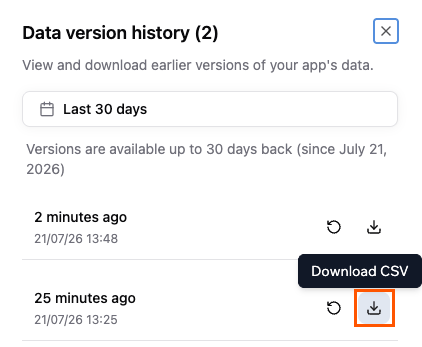 Downloading an earlier version as a CSV file
