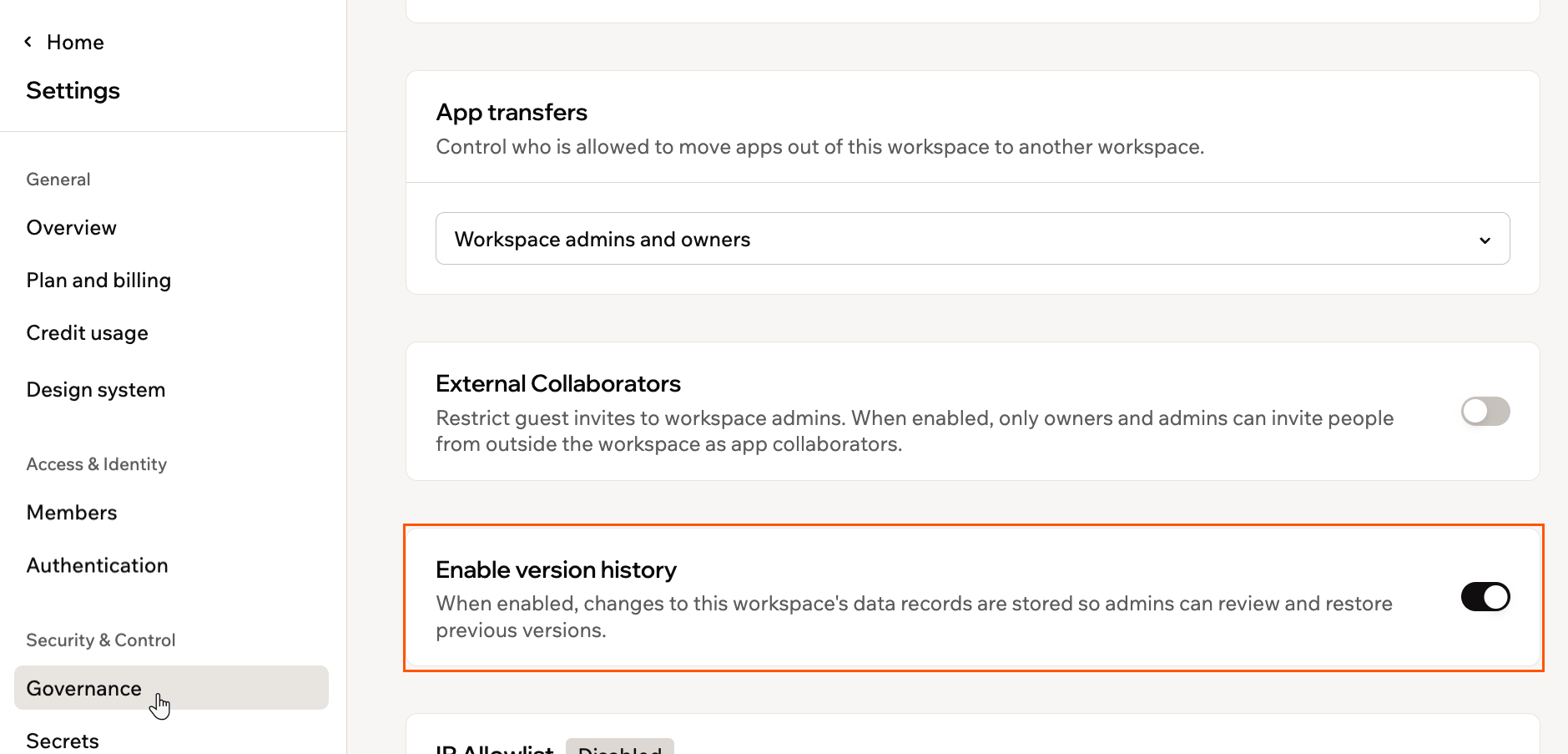 Turning on version history in workspace Governance settings
