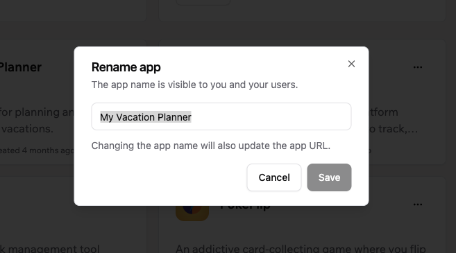 Renaming your app from your Apps page