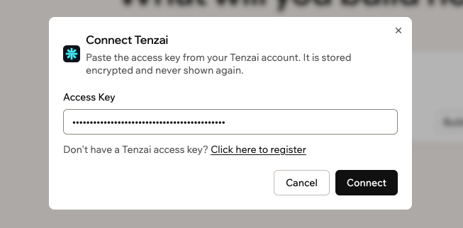 A screenshot of the Connect Tenzai window with an access key pasted into the Access Key field