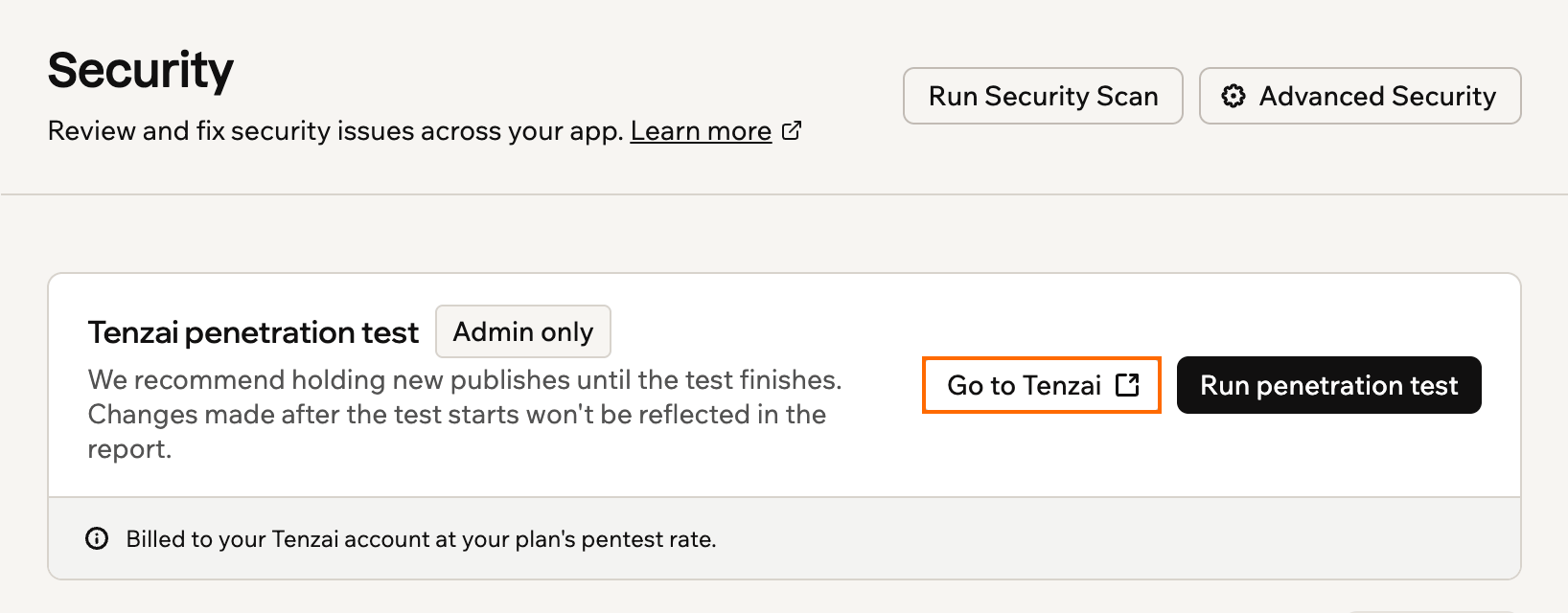 A screenshot of the app's Security page with the Go to Tenzai button outlined on the Tenzai penetration test card