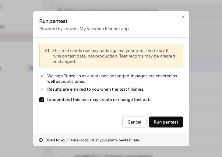 A screenshot of the Run pentest window with the confirmation checkbox selected and the Run pentest button ready